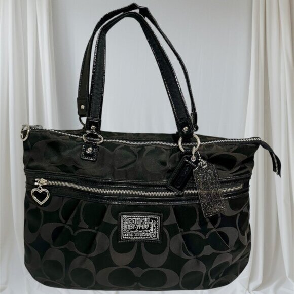COACH Black Poppy Signature Shoulder Handbag Zipper Large Tote Bag - Picture 1 of 17